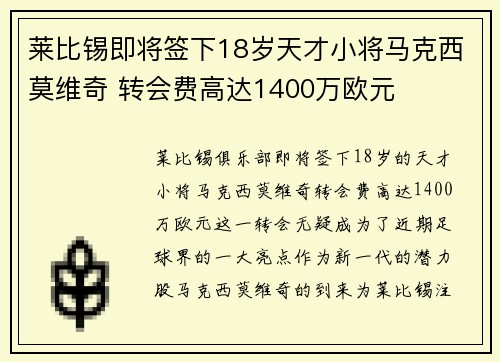 莱比锡即将签下18岁天才小将马克西莫维奇 转会费高达1400万欧元