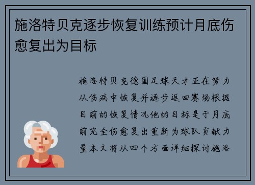 施洛特贝克逐步恢复训练预计月底伤愈复出为目标
